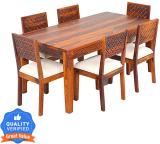 Custom Decor Solid Wood Dining Table Set with Cushion Natural Teak Finish Solid Wood 6 Seater Dining Set (Finish Color -Natural Teak, Optional Installation Available)