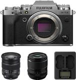 FUJIFILM Mirrorless X-T4 Mirrorless Camera Body with XF16-80mm and XF33mm F1.4 R LM WR lens and BC-W235 Dual BatteryCharger (Silver)