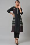 W Women Geometric Print Straight Kurta (Black)