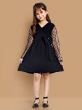 Yk Girls Midi/Knee Length Casual Dress (Black, Full Sleeve)