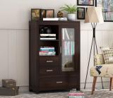 WOODTREND Solid Wood Cabinet With 1 Glass Door & 3 Drawers Storage For Living Room Solid Wood Open Book Shelf (Finish Color - Walnut, Pre-assembled)