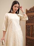 Vishudh Women Embroidered Straight Kurta (Beige)