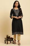 W Women Solid Straight Kurta (Black)