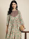 HERE&NOW Women Printed A-line Kurta (Green)