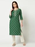 IMARA Women Printed Straight Kurta (Green, Beige)