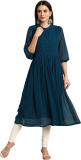 Janasya Women Solid Flared Kurta (Blue)