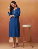 Fabindia Women Embroidered A-line Kurta (Blue)