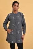 W Women Checkered Straight Kurta (Grey)