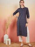 Sangria Women Block Print A-line Kurta (Dark Blue)