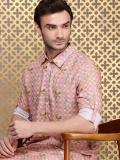 House of Pataudi Men Checkered Straight Kurta (Pink)