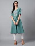 AKS Women Embroidered A-line Kurta (Green)