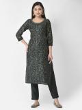 Span Women Self Design Straight Kurta (Dark Green, Beige)