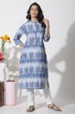 W Women Printed Straight Kurta (White, Blue)