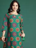 Sangria Women Printed A-line Kurta (Green)