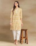 Fabindia Women Printed Straight Kurta (Yellow)