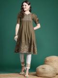 Sangria Women Printed A-line Kurta (Green)