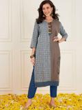 ANOUK Women Floral Print Straight Kurta (Grey)