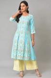 W Women Floral Print A-line Kurta (Blue)