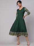 AKS Women Printed Anarkali Kurta (Dark Green, Gold, White)