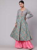 AKS Women Floral Print Anarkali Kurta (Green, Blue, Pink)