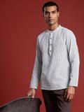 ANOUK Men Striped Straight Kurta (White, Grey)