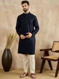 House of Pataudi Men Embroidered Straight Kurta (Dark Blue)