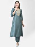 Span Women Embroidered A-line Kurta (Dark Green, Beige)