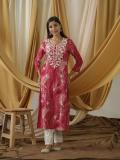 Sangria Women Embroidered A-line Kurta (Pink)