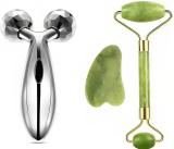 Flipkart SmartBuy Jade Roller Face Massager With Gua Sha,Improves Skin Elasticity,Reduce Wrinkles Natural &3D Massager for Neck, Leg, Face, Thigh, Chest, Waist Body Facial Roller Massager (Green, Silver)