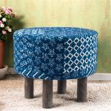 Ikiriya Solid Wood Standard Ottoman (Finish Color - Indigo Patchwork Kantha, Pre Assembled)