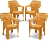 MAHARAJA Alpha for Home, Office | Comfortable | Arm Rest | Bearing Capacity up to 200Kg Plastic Outdoor Chair (Amber Gold, Set of 4, Pre-assembled)