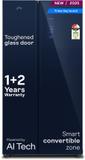 Godrej 600 L Frost Free Side by Side 3 Star Refrigerator  with Smart Convertible AI Powered 3 Intelligent Modes Glass Door Digital Touch Panel Inverter Storm Blue, RS EONVELVET 646C RIT SM BL