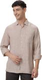 Linen Club Men Solid Casual Beige Shirt