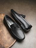 SAN FRISSCO Men Black Genuine Leather Textured Casual Slip On Loafers For Men (Black , 9)