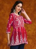 HERE&NOW Women Chikan Embroidery Flared Kurta (Red)