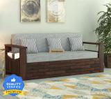 Taskwood Furniture Solid Sheesham Wood Sofa Set For Living Room / Hotel / Bed Room. 3 Seater Double Solid Wood Fold Out Sofa Cum Bed (Finish Color - Walnut Finish With Lite Grey Cushion Delivery Condition - Pre-assembled)