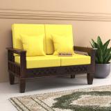 PR FURNITURE Solid Wood Two Seater Sofa With Front CNC Flower Style For Living Room, Caf . Fabric 2 Seater Sofa (Finish Color - Walnut Finish With Lemon Yellow, DIY(Do-It-Yourself))