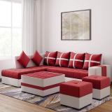 LIVEWELL Premium Quality LHS 8 Seater with 1 Center Table and 2 Puffy , 6 Pillow Molfino Fabric 3 + 2 + 2 + 1 Sofa Set (Red, DIY(Do-It-Yourself))