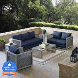 Flipkart Perfect Homes Outdoor Garden Patio Sofa Set with 1 Center Table & 1 Side Table 6 Seater Leatherette 3 + 2 + 1 Sofa Set (Black& Grey, Pre-assembled)