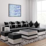 Torque Jamestown L Shape 8 Seater Fabric Sofa Set for Living Room with Center Table and 2 Puffy (Right Side, Black) Fabric 3 + 2 + 1 + 1 Sofa Set (Black, DIY(Do-It-Yourself))