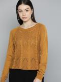 CHEMISTRY Self Design Round Neck Casual Women Brown Sweater