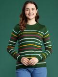 Dressberry Striped Round Neck Casual Women Green Sweater