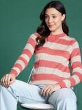 Dressberry Striped Round Neck Casual Women Orange Sweater