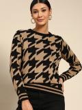 all about you Printed Round Neck Casual Women Black, Beige Sweater