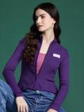 Dressberry Self Design Mandarin Neck Casual Women Purple Sweater