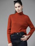 Roadster Solid High Neck Casual Women Brown Sweater