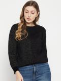 MADAME Self Design Round Neck Casual Women Reversible Black Sweater