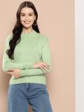 HERE&NOW Solid Round Neck Casual Women Green Sweater