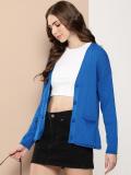 HERE&NOW Solid V Neck Casual Women Blue Sweater