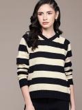 Roadster Striped V Neck Casual Women Black Sweater